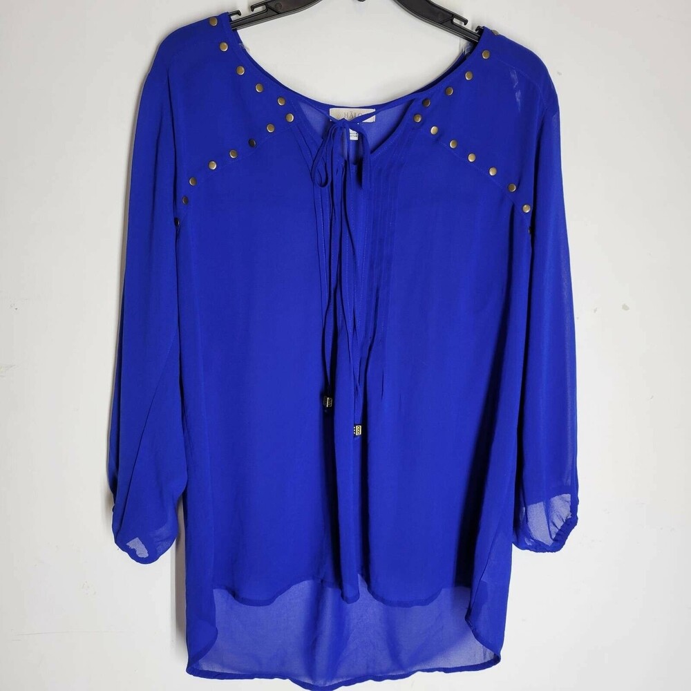 Halo Women's Blouse Blue Long Sleeve Lined Tie Neck Studded Pintuck Medium